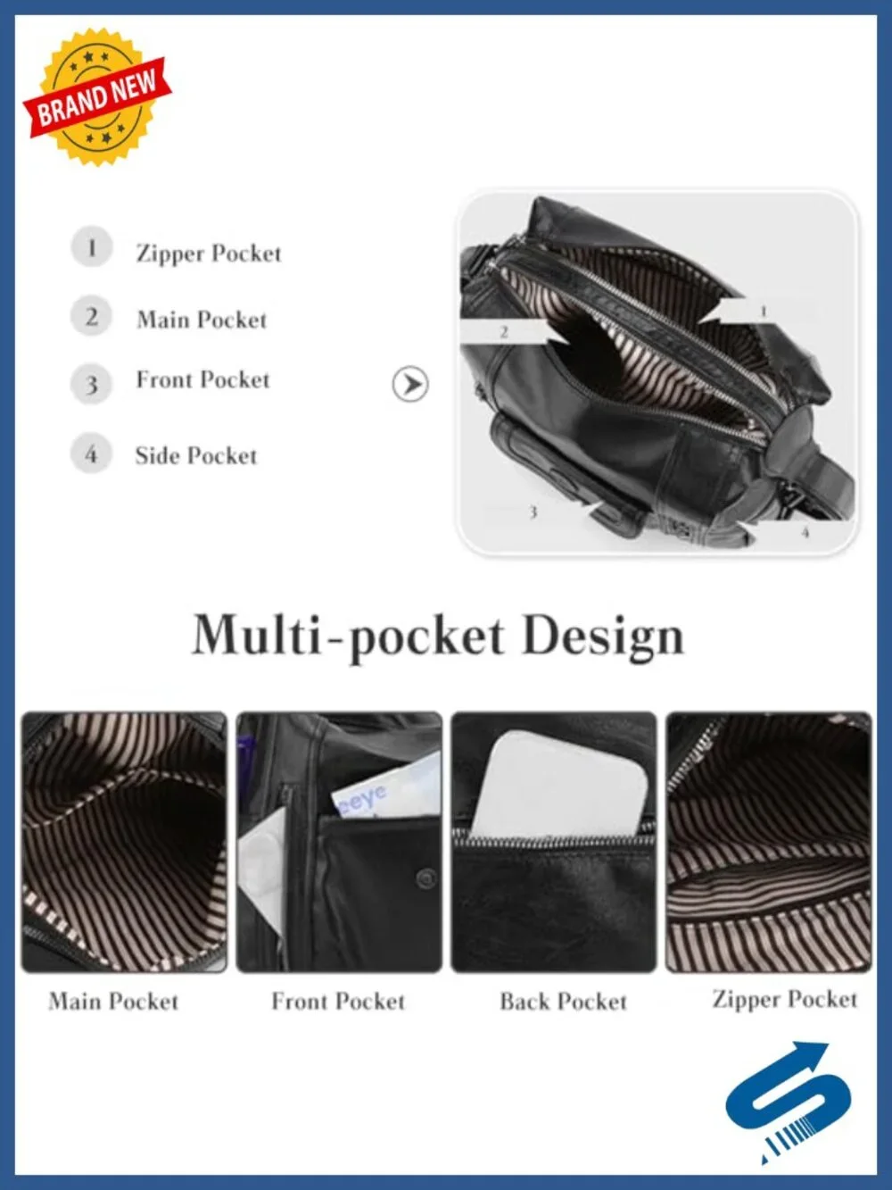 Women PU Leather Tote Shoulder Bag Large Capacity Handbag Backpack 9 Pockets